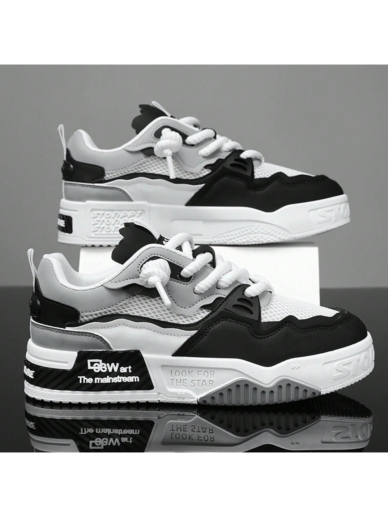 1 Pair Men'S Lace-Up Letter Pattern PU Flat Skate Shoes, Wear-Resistant Outdoor Sports Shoes