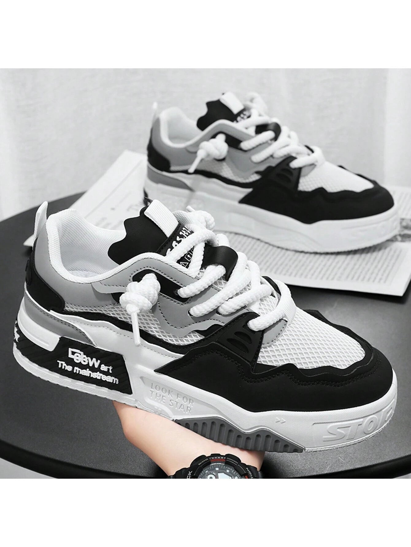 1 Pair Men'S Lace-Up Letter Pattern PU Flat Skate Shoes, Wear-Resistant Outdoor Sports Shoes