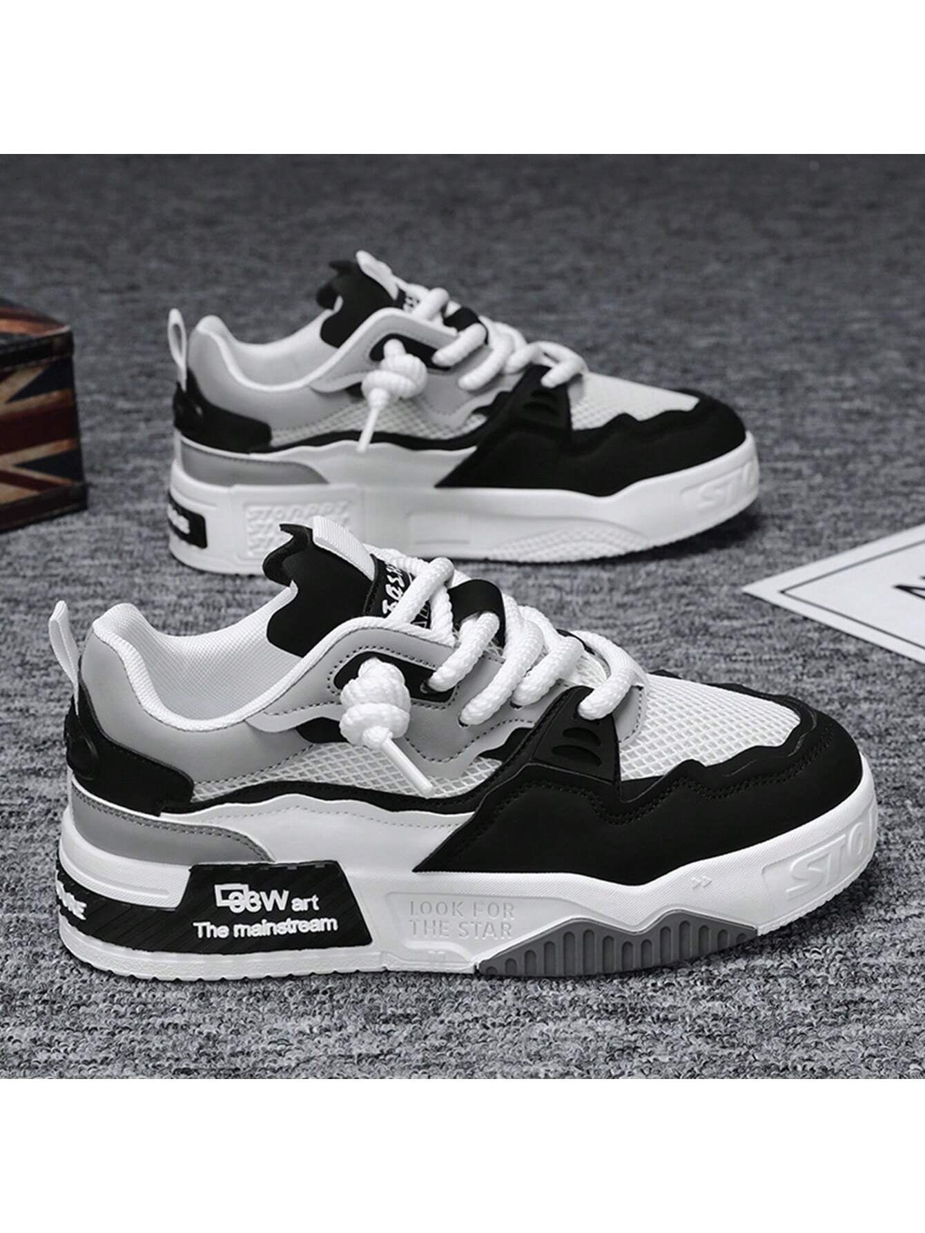 1 Pair Men'S Lace-Up Letter Pattern PU Flat Skate Shoes, Wear-Resistant Outdoor Sports Shoes