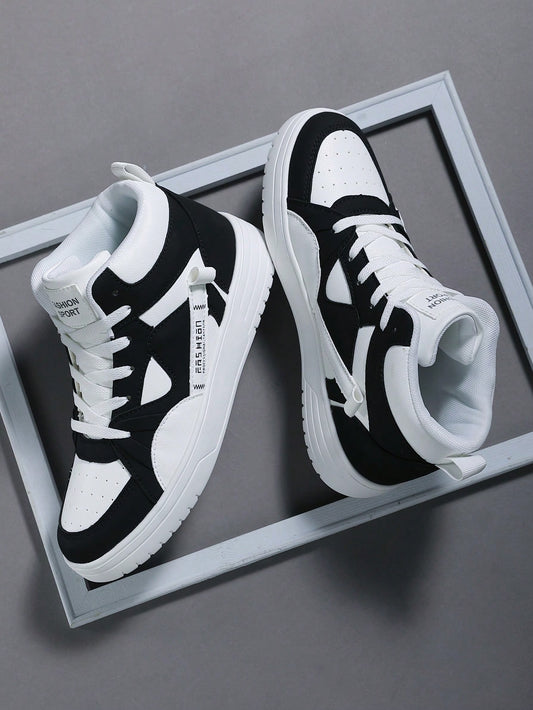 Men Shoes Breathable Patch Decor Lace up High Top Sneakers Man Sporty White Black Skate Shoes